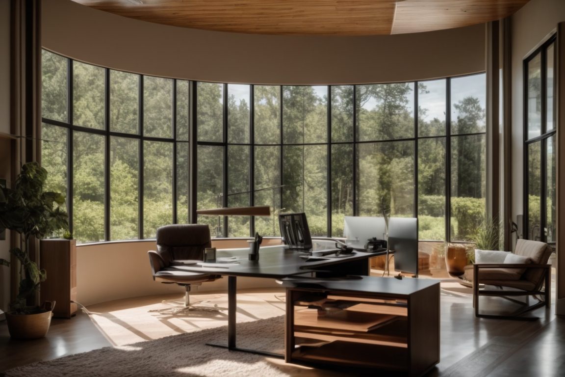 interior home office with solar control window film reducing glare and heat