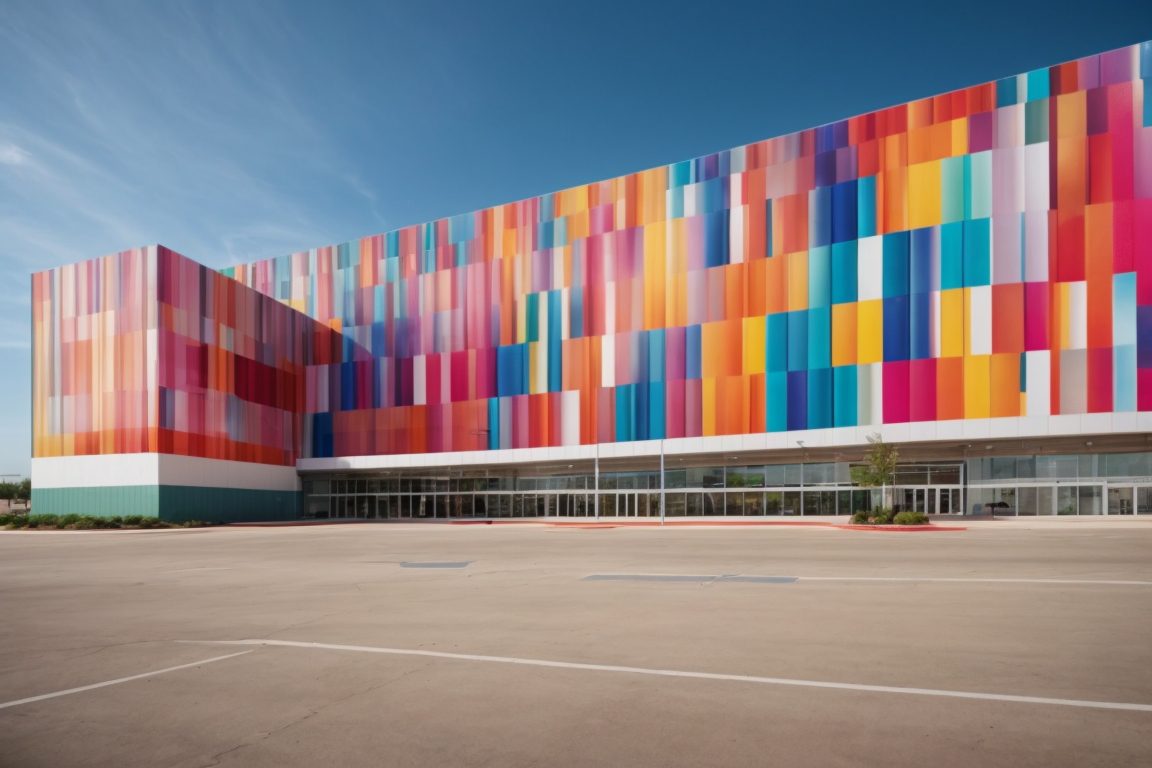colorful building wrap on Dallas retail center exterior