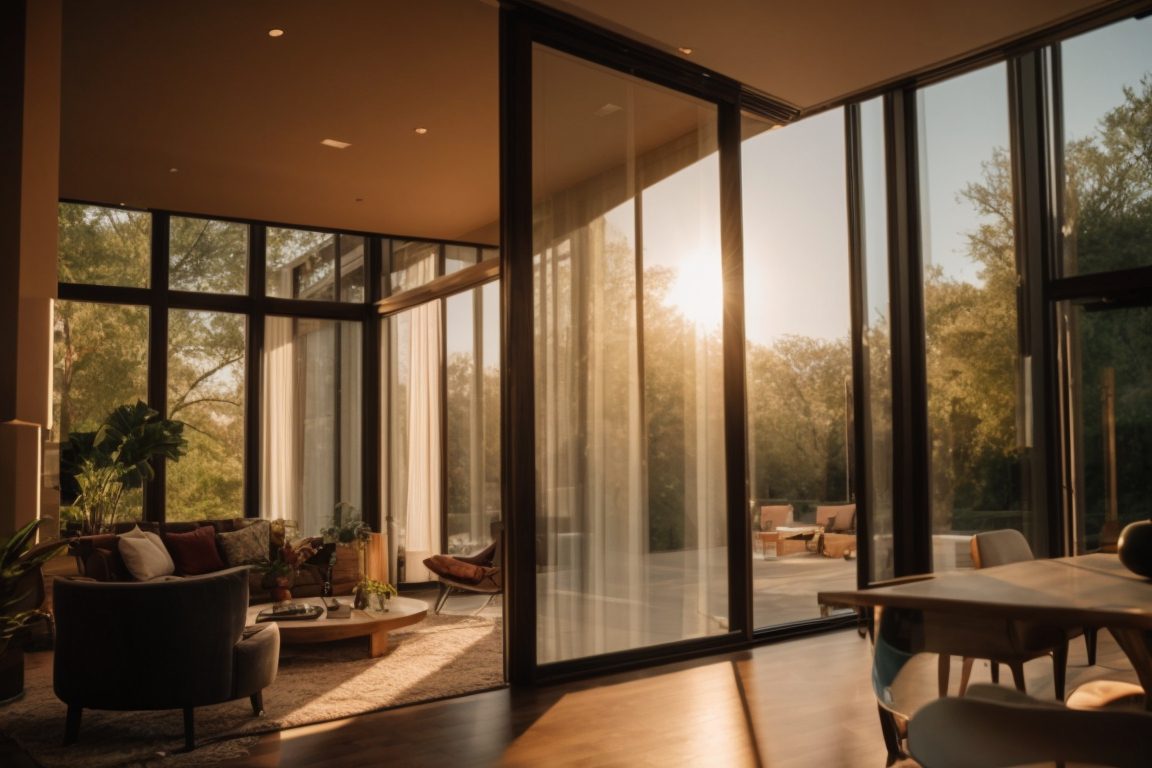 Dallas home interior showing thermal window film with cozy, warm lighting