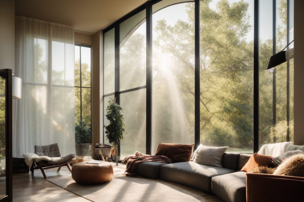 Dallas home interior with UV protection window film, sunlight filtering through