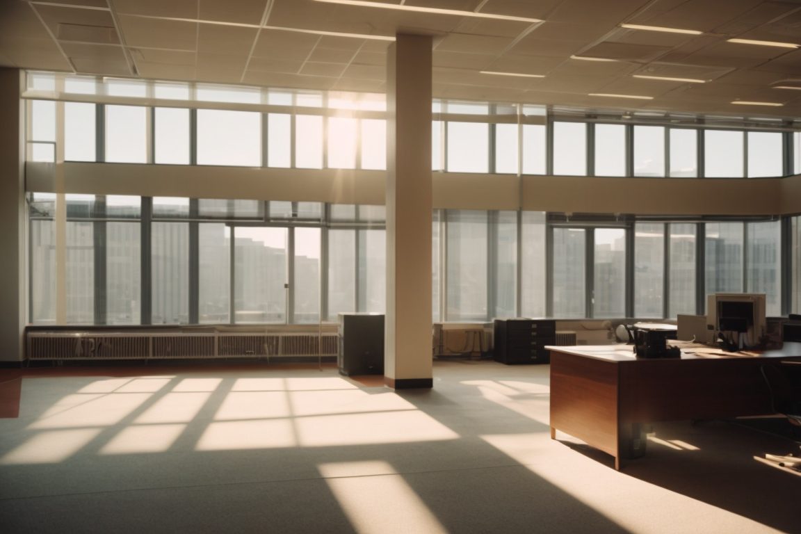 sunlit office with opaque windows and a visible air conditioning unit
