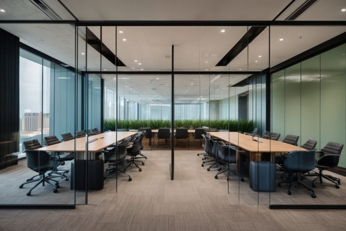 Vibrant glass-walled conference room in Dallas with decorative film for privacy