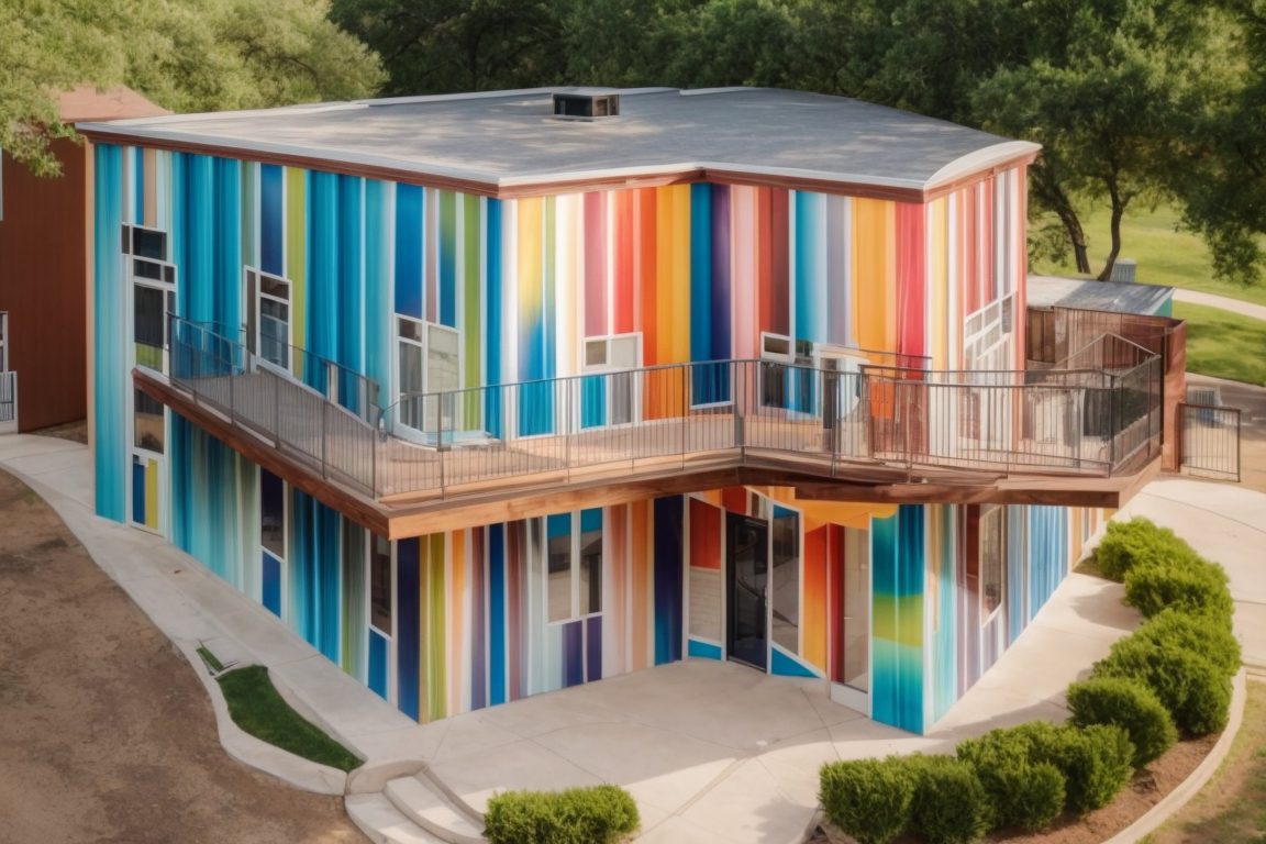 Colorful vinyl building wrap on Dallas property under sunny sky