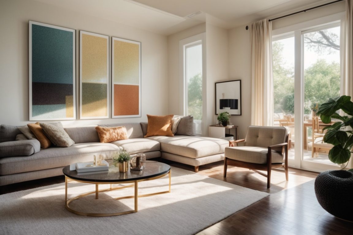 Dallas home with decorative window film, sunlit living room, comfortable interior