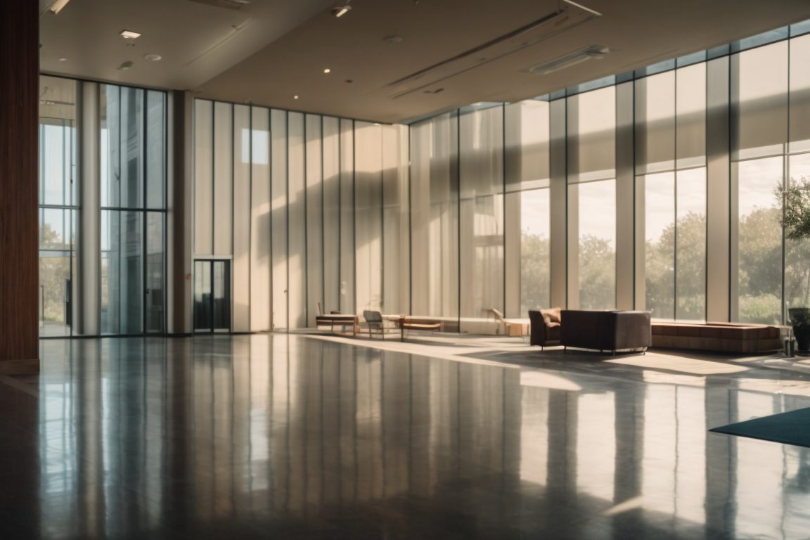 Dallas commercial property interior with decorative window tinting, sunlight filtered through.