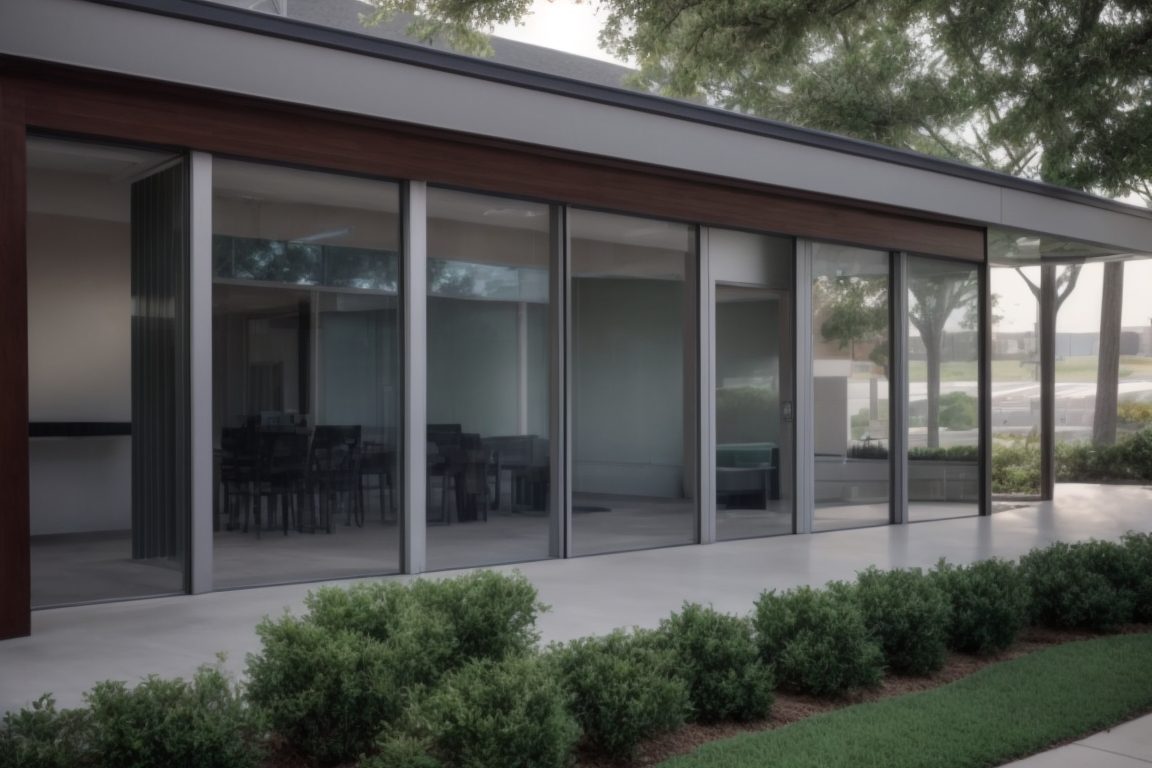 Dallas building exterior showcasing frosted window tint film, UV protection, reduced glare