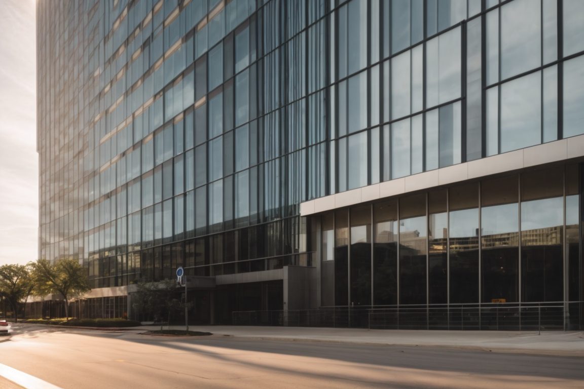 Dallas office building with sun glaring on large glass facade and heat waves