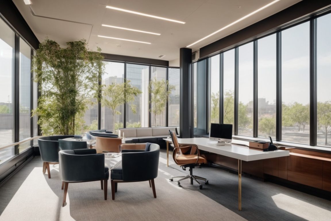 Dallas office interior with glare reduction window film, modern furniture, and soft natural lighting