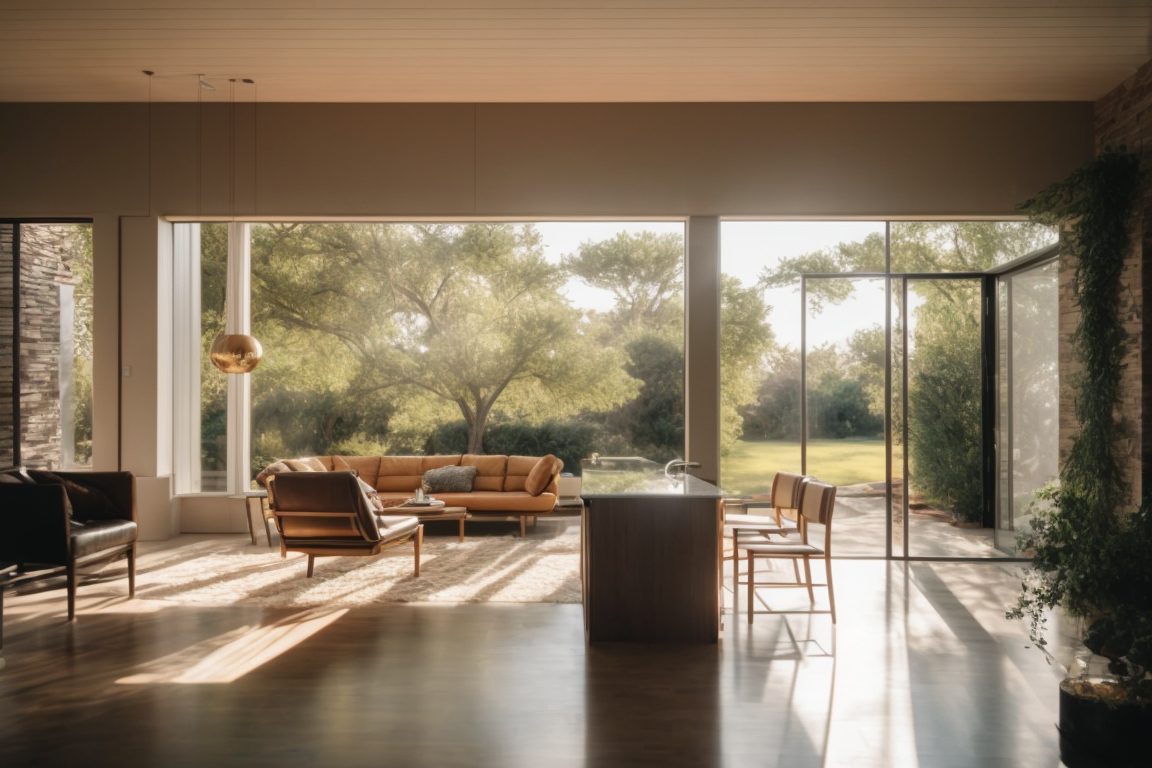 Dallas home interior with insulating window film reflecting sunlight